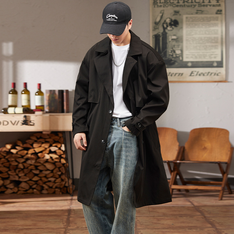 Palton masculin în stil korean, lungime medie, guler rever, închidere cu nasturi pe un rând, croială lejeră