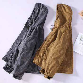 Palton cu glugă, imprimeu floral, material din bumbac, fermoar, mai multe buzunare