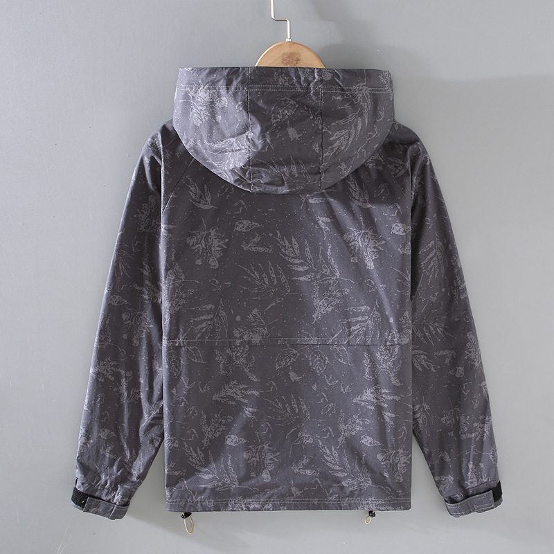 Palton cu glugă, imprimeu floral, material din bumbac, fermoar, mai multe buzunare