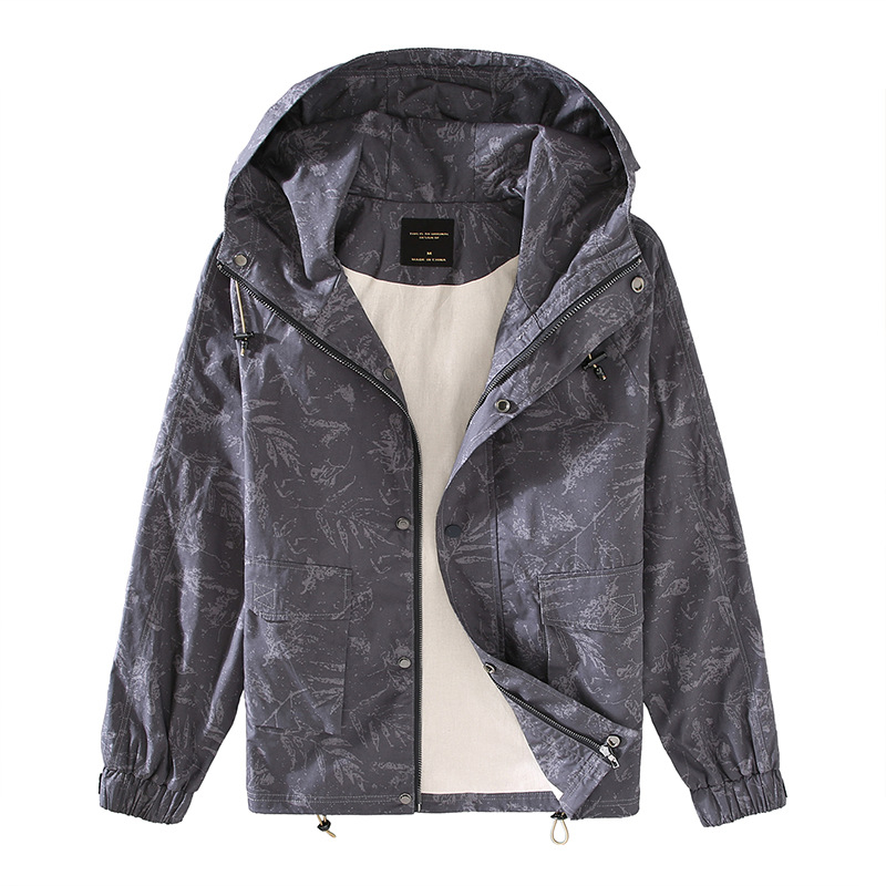 Palton cu glugă, imprimeu floral, material din bumbac, fermoar, mai multe buzunare