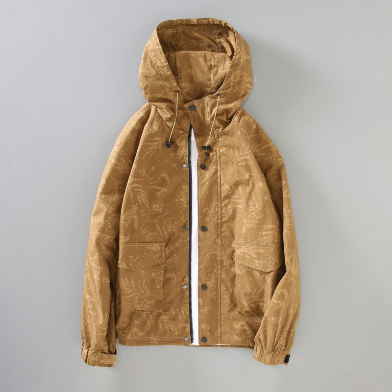 Palton cu glugă, imprimeu floral, material din bumbac, fermoar, mai multe buzunare