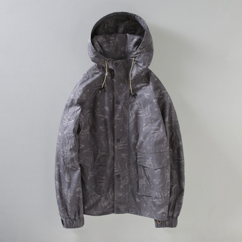 Palton cu glugă, imprimeu floral, material din bumbac, fermoar, mai multe buzunare