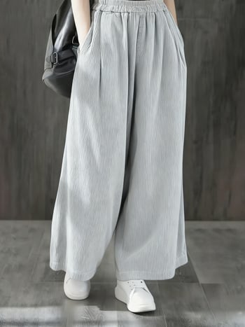 Pantaloni de damă cu talie înaltă, corduroy, croială largă, 95% poliester, micro-elasticitate