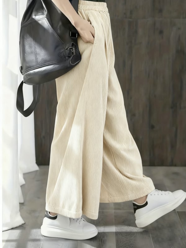 Pantaloni de damă cu talie înaltă, corduroy, croială largă, 95% poliester, micro-elasticitate