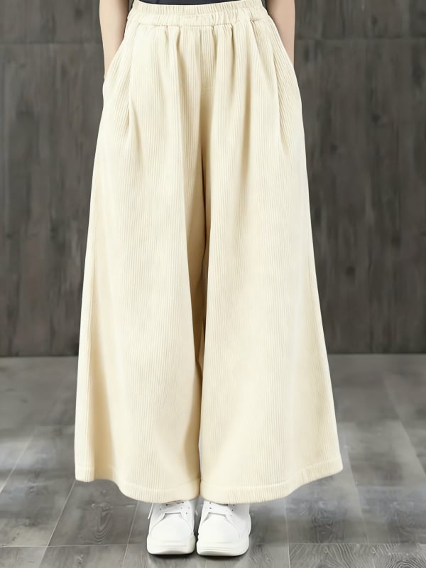 Pantaloni de damă cu talie înaltă, corduroy, croială largă, 95% poliester, micro-elasticitate