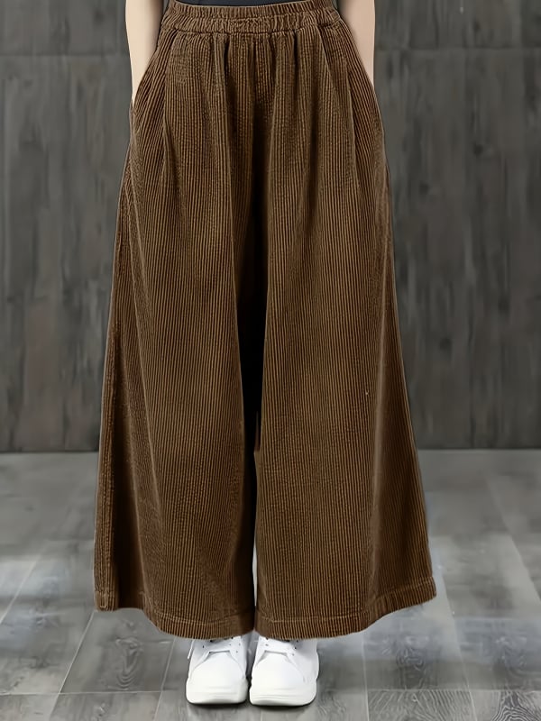 Pantaloni de damă cu talie înaltă, corduroy, croială largă, 95% poliester, micro-elasticitate