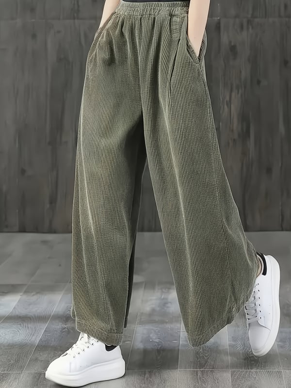 Pantaloni de damă cu talie înaltă, corduroy, croială largă, 95% poliester, micro-elasticitate