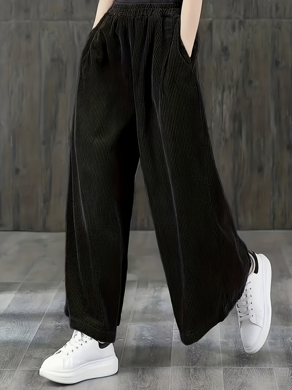 Pantaloni de damă cu talie înaltă, corduroy, croială largă, 95% poliester, micro-elasticitate