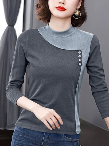 Tricou de bază pentru femei din catifea pe ambele fețe, amestec poliester-elastan, guler semi-înalt, mâneci lungi, design cu colaj