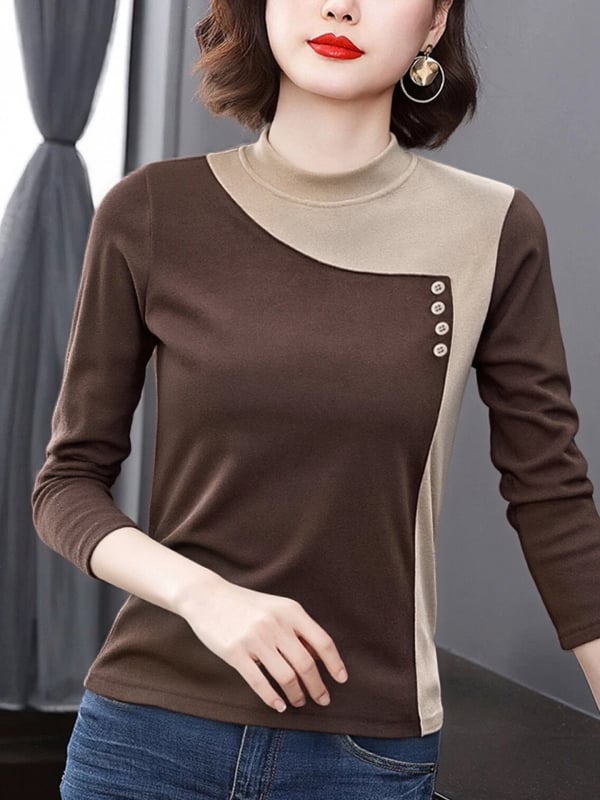 Tricou de bază pentru femei din catifea pe ambele fețe, amestec poliester-elastan, guler semi-înalt, mâneci lungi, design cu colaj