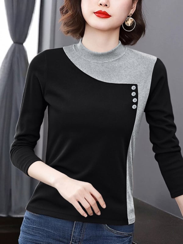 Tricou de bază pentru femei din catifea pe ambele fețe, amestec poliester-elastan, guler semi-înalt, mâneci lungi, design cu colaj