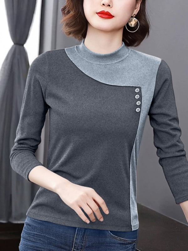 Tricou de bază pentru femei din catifea pe ambele fețe, amestec poliester-elastan, guler semi-înalt, mâneci lungi, design cu colaj