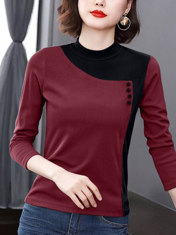 Tricou de bază pentru femei din catifea pe ambele fețe, amestec poliester-elastan, guler semi-înalt, mâneci lungi, design cu colaj