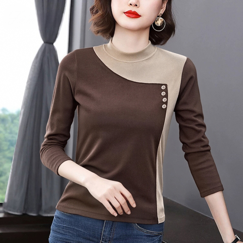 Tricou de bază pentru femei din catifea pe ambele fețe, amestec poliester-elastan, guler semi-înalt, mâneci lungi, design cu colaj