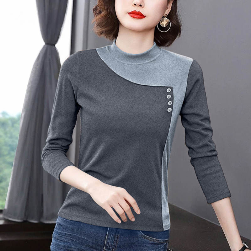 Tricou de bază pentru femei din catifea pe ambele fețe, amestec poliester-elastan, guler semi-înalt, mâneci lungi, design cu colaj