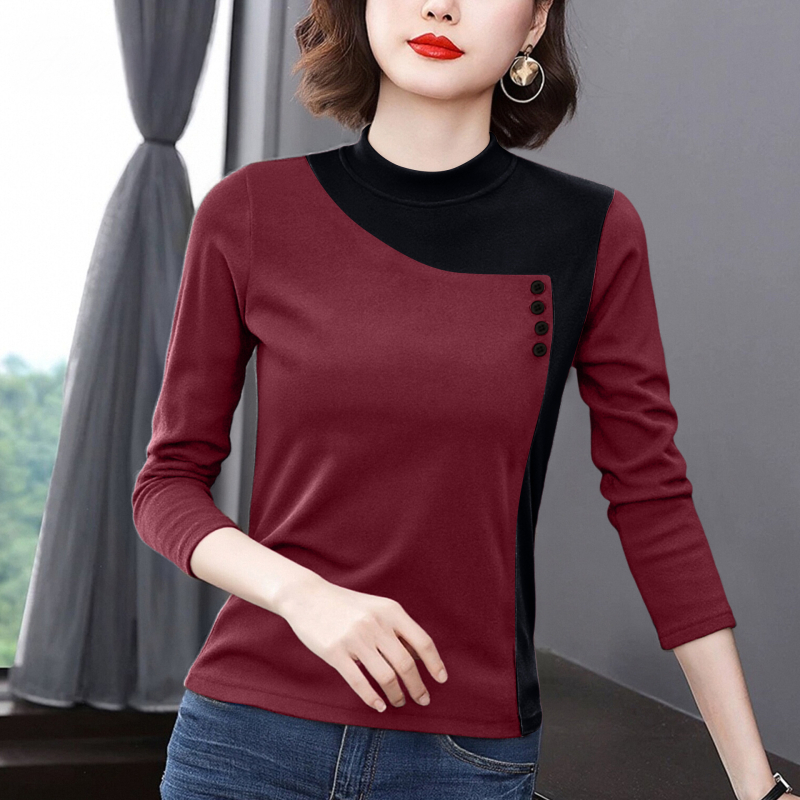 Tricou de bază pentru femei din catifea pe ambele fețe, amestec poliester-elastan, guler semi-înalt, mâneci lungi, design cu colaj