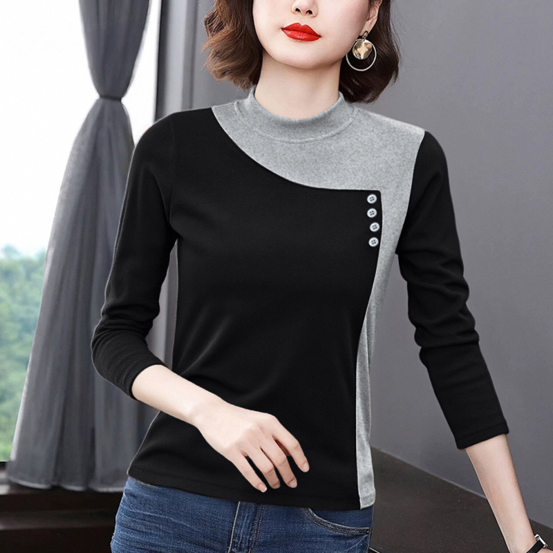 Tricou de bază pentru femei din catifea pe ambele fețe, amestec poliester-elastan, guler semi-înalt, mâneci lungi, design cu colaj