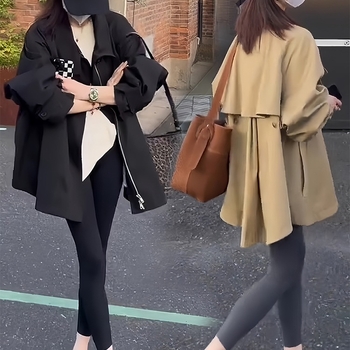 Damski trench coat srednje duljine od Chenille tkanine sa Spandex sadržajem ispod 30%, širok kroj, polo ovratnik sa zatvaračem, duljina 50-65 cm