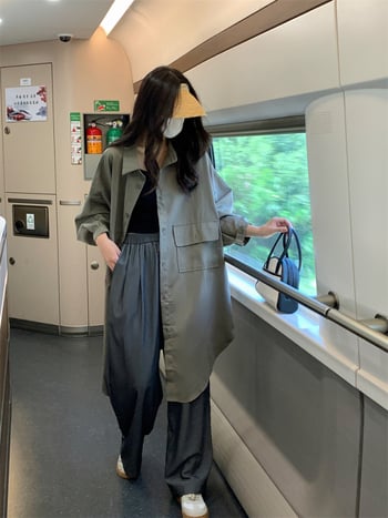 Palton trench pentru femei, protecție solară, lungime medie, amestec Chenille-Spandex, mâneci de tip bat, guler polo, croială lejeră