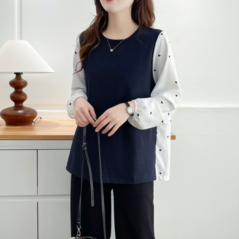 Top damă plus size din chiffon cu panouri, stil casual japonez-coreean pentru toamnă 2025, mâneci lungi, guler rotund, model 262521