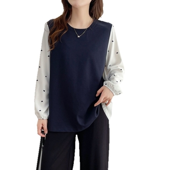 Top damă plus size din chiffon cu panouri, stil casual japonez-coreean pentru toamnă 2025, mâneci lungi, guler rotund, model 262521