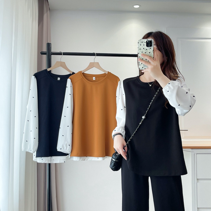 Top damă plus size din chiffon cu panouri, stil casual japonez-coreean pentru toamnă 2025, mâneci lungi, guler rotund, model 262521