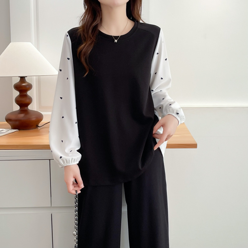 Top damă plus size din chiffon cu panouri, stil casual japonez-coreean pentru toamnă 2025, mâneci lungi, guler rotund, model 262521