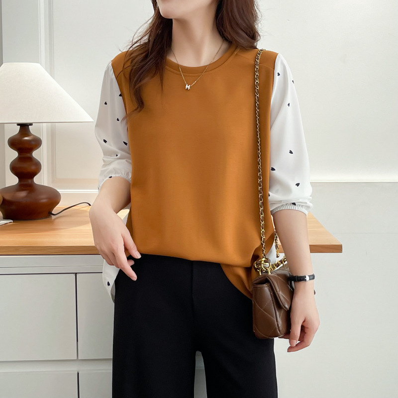 Top damă plus size din chiffon cu panouri, stil casual japonez-coreean pentru toamnă 2025, mâneci lungi, guler rotund, model 262521