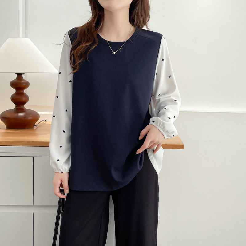 Top damă plus size din chiffon cu panouri, stil casual japonez-coreean pentru toamnă 2025, mâneci lungi, guler rotund, model 262521