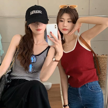 Camisolă din bumbac în stil coreean, cu dungi contrastante, croială slim, cu inserție pentru bust încorporată, lungime la talie