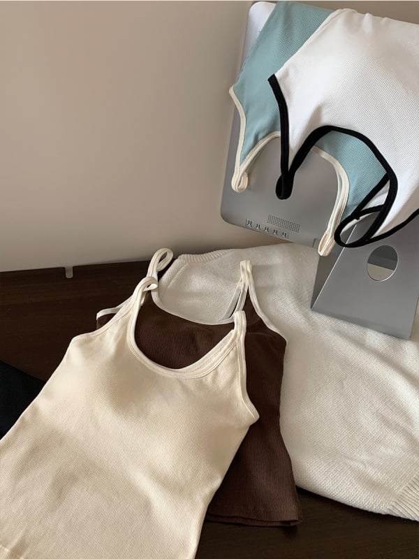 Camisolă din bumbac în stil coreean, cu dungi contrastante, croială slim, cu inserție pentru bust încorporată, lungime la talie