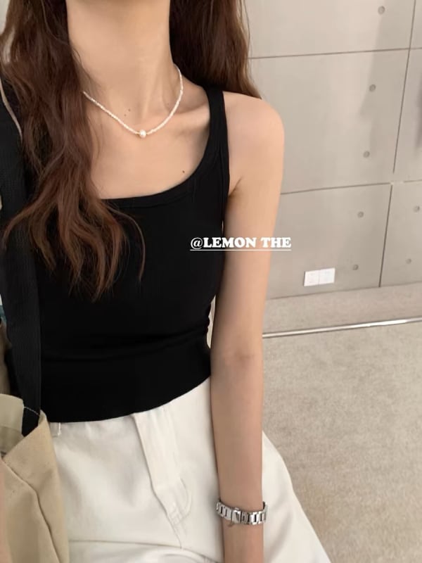 Camisolă din bumbac în stil coreean, cu dungi contrastante, croială slim, cu inserție pentru bust încorporată, lungime la talie