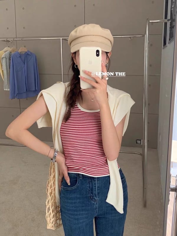 Camisolă din bumbac în stil coreean, cu dungi contrastante, croială slim, cu inserție pentru bust încorporată, lungime la talie