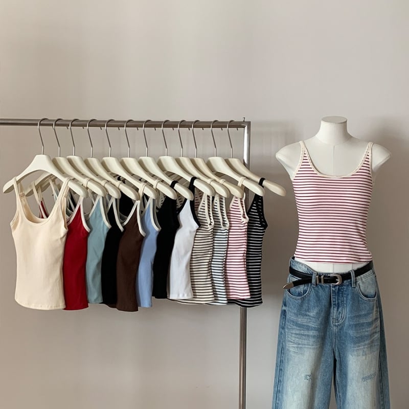 Camisolă din bumbac în stil coreean, cu dungi contrastante, croială slim, cu inserție pentru bust încorporată, lungime la talie