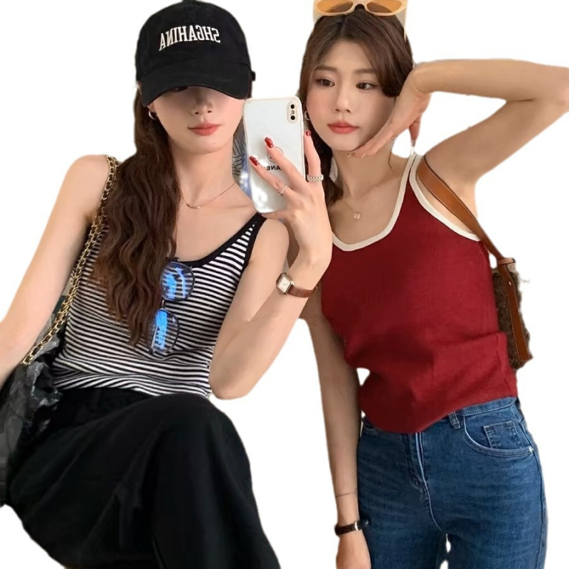 Camisolă din bumbac în stil coreean, cu dungi contrastante, croială slim, cu inserție pentru bust încorporată, lungime la talie