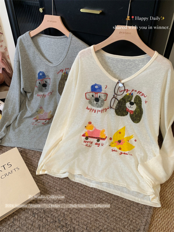 Majica s opuštenim krojem, okrugli izrez, duge rukave, print karikature, smjesa Tencel Lyocell i Spandex