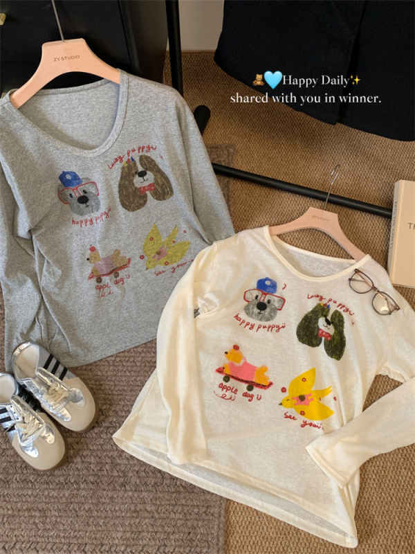 Majica s opuštenim krojem, okrugli izrez, duge rukave, print karikature, smjesa Tencel Lyocell i Spandex