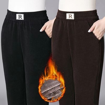 Ženske hlače ravnog kroja s fleece-chenille materijalom, s džepovima, visokim strukom, debela tkanina, corduroy tekstura