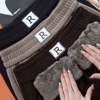 Ženske hlače ravnog kroja s fleece-chenille materijalom, s džepovima, visokim strukom, debela tkanina, corduroy tekstura