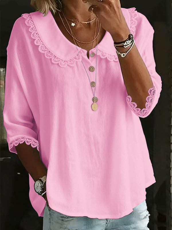 Ženska košulja s dugim rukavima, jednobojni model, poliester s elastanom, srednja duljina, ovratnik Turn-down, kopčanje u jednom redu