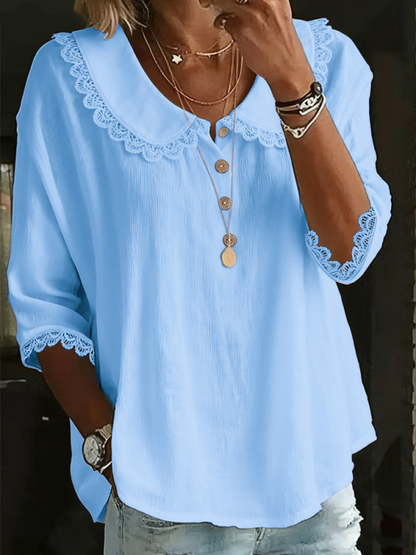 Ženska košulja s dugim rukavima, jednobojni model, poliester s elastanom, srednja duljina, ovratnik Turn-down, kopčanje u jednom redu