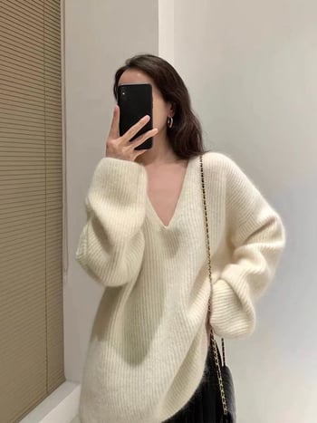 Pulover din lână pentru femei, croială lejeră, decolteu în V, mâneci lungi, lungime medie