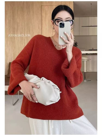 Pulover din lână pentru femei, croială lejeră, decolteu în V, mâneci lungi, lungime medie