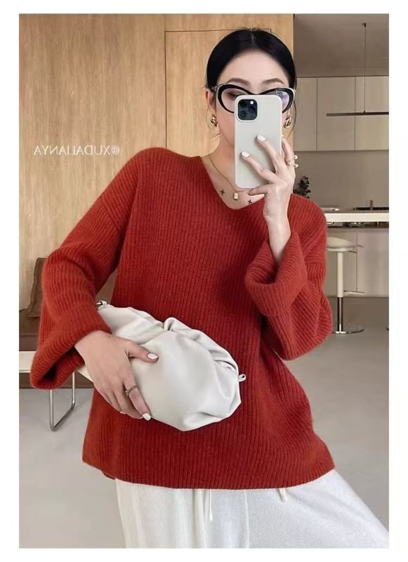 Pulover din lână pentru femei, croială lejeră, decolteu în V, mâneci lungi, lungime medie