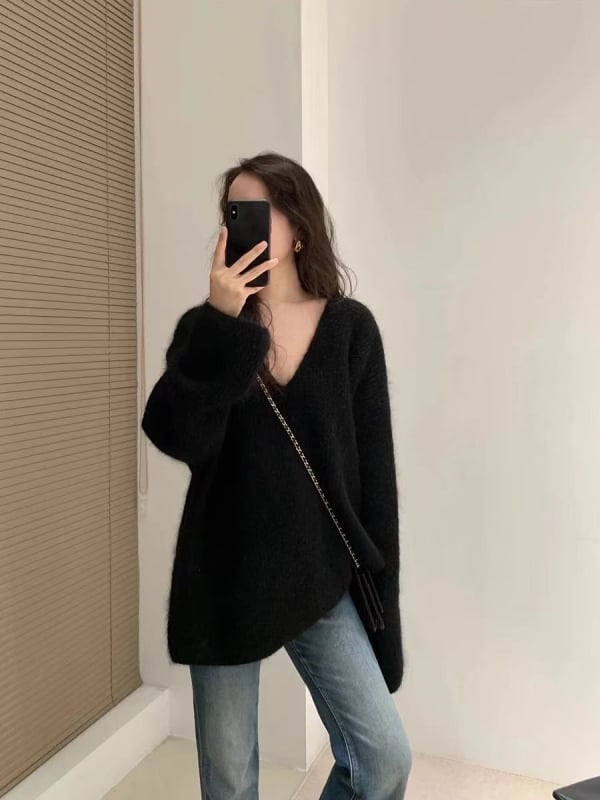 Pulover din lână pentru femei, croială lejeră, decolteu în V, mâneci lungi, lungime medie