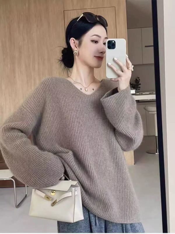 Pulover din lână pentru femei, croială lejeră, decolteu în V, mâneci lungi, lungime medie