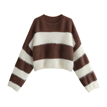Pulover tricotat în stil coreean, cu blocuri de culoare, croială lejeră, guler rotund, mâneci lungi, țesătură poliester-elastan