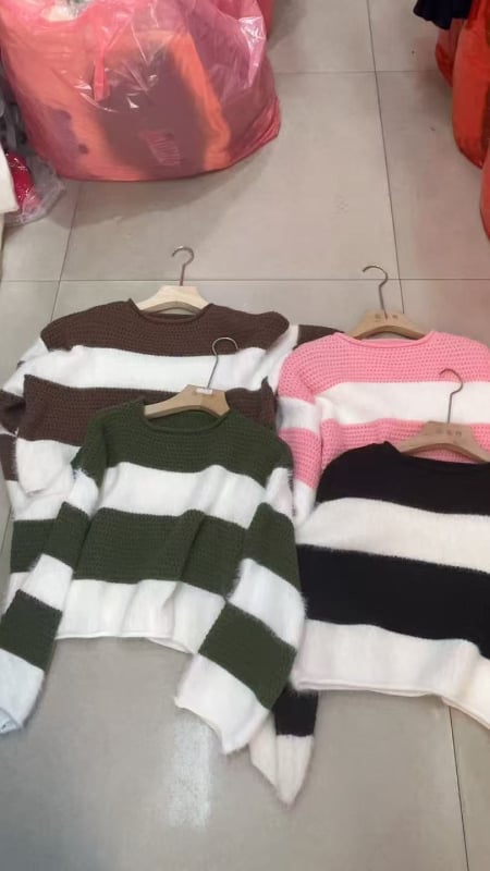 Pulover tricotat în stil coreean, cu blocuri de culoare, croială lejeră, guler rotund, mâneci lungi, țesătură poliester-elastan