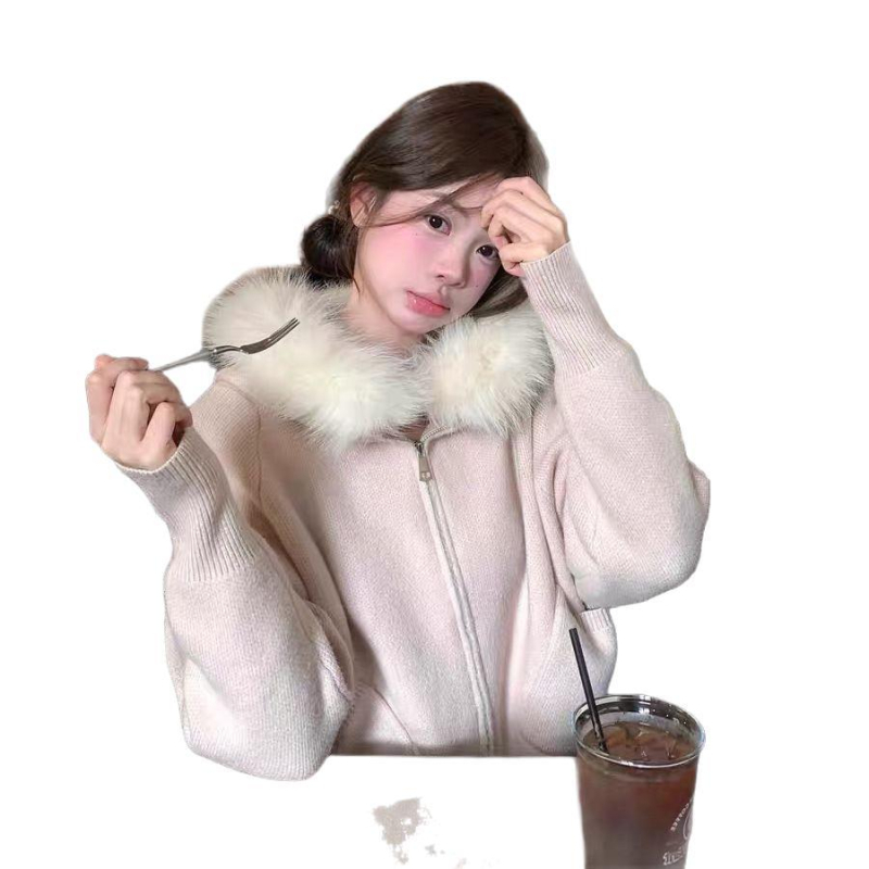 Korejskog stila, visokokvalitetni pleteni kardigan s velikim kragnom od krzna, ženski jesensko-zimski khaki, ležernog kroja.