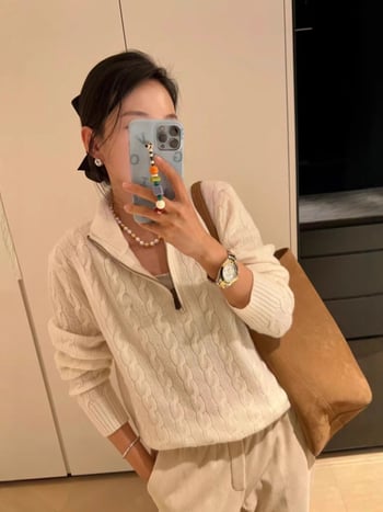 Pulover din amestec de lână, cu guler înalt cu fermoar parțial, tricotat cu model cablu, gros, mâneci lungi